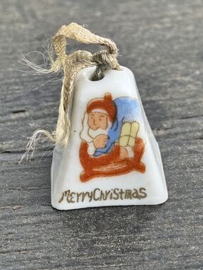 Vintage Ceramic Santa Bell Ornament - White, Red, Blue